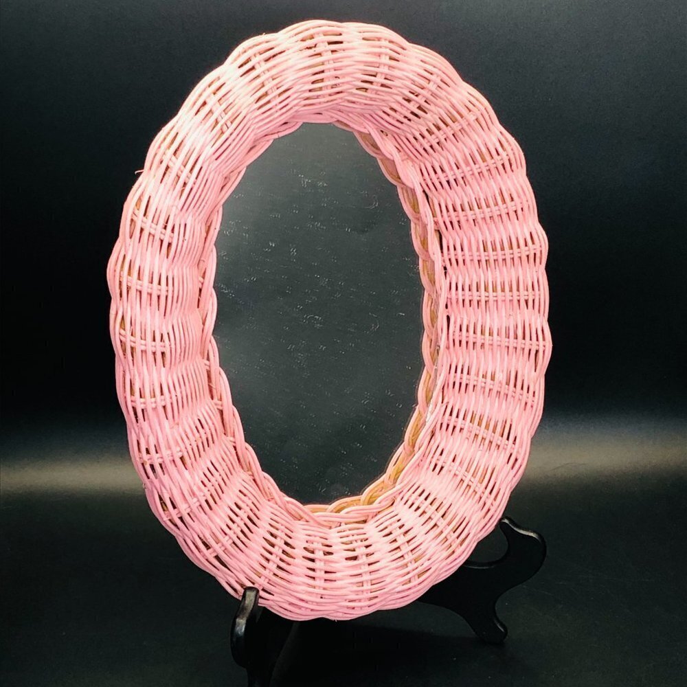 80s Pink Woven Wicker Oval Mirror Vintage Girly Bedroom Retro Wall Decor - Picture 2 of 10